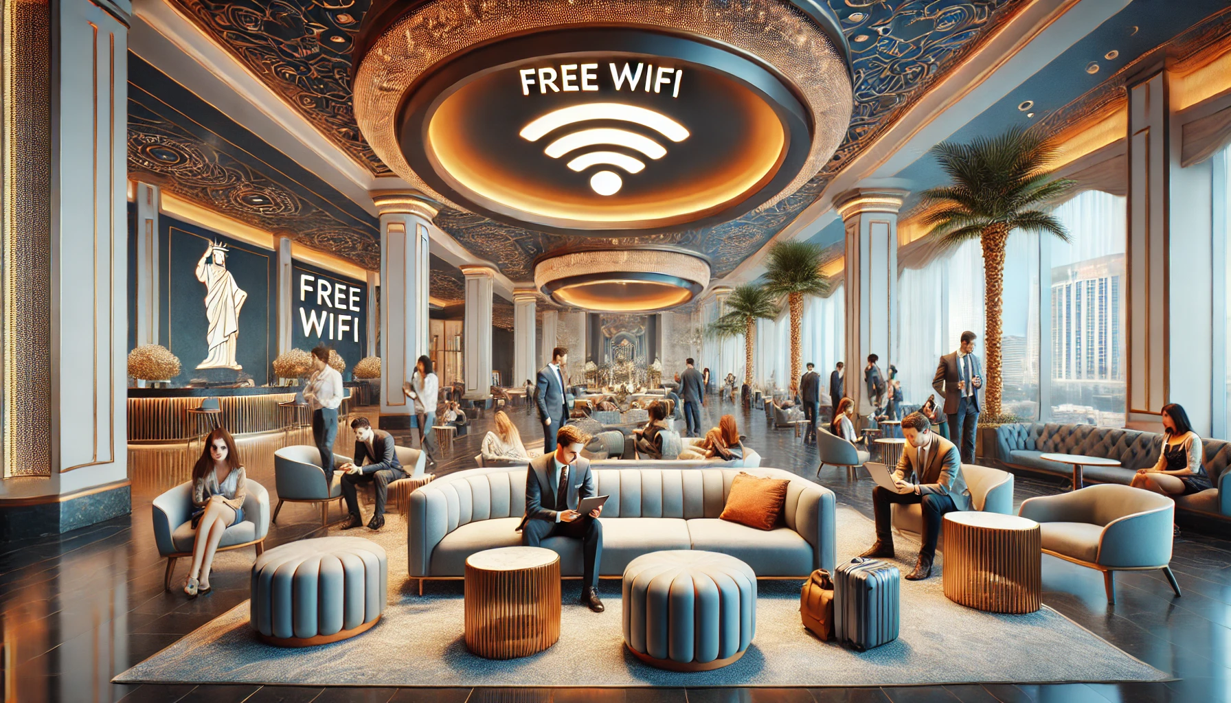 A Las Vegas hotel lobby with people using free WiFi on their devices