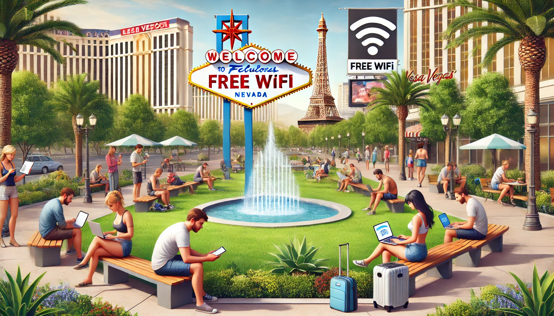 A Las Vegas park with people using free WiFi on their laptops and smartphones