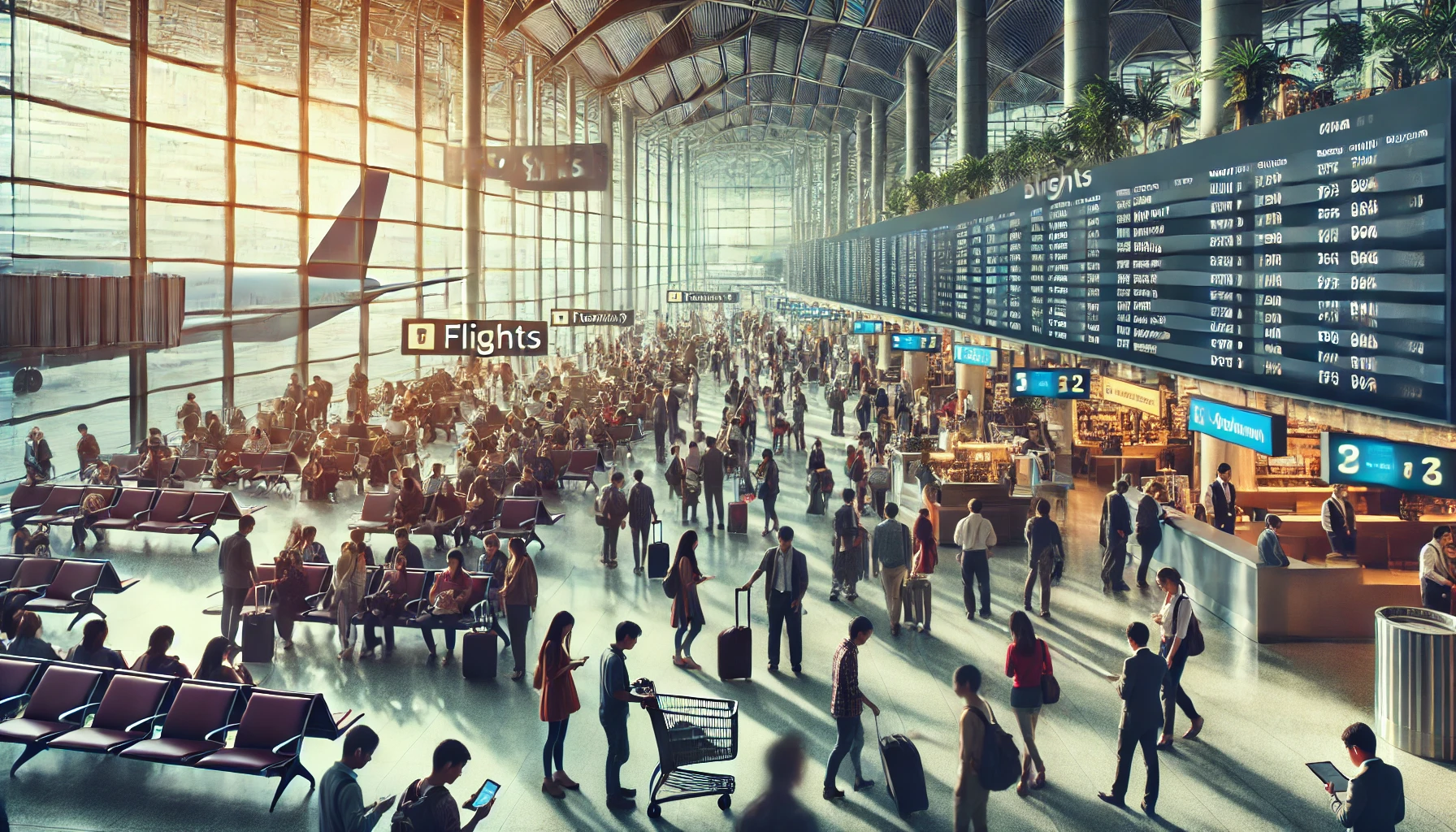 A bustling airport terminal with travelers checking flights, searching for deals on screens