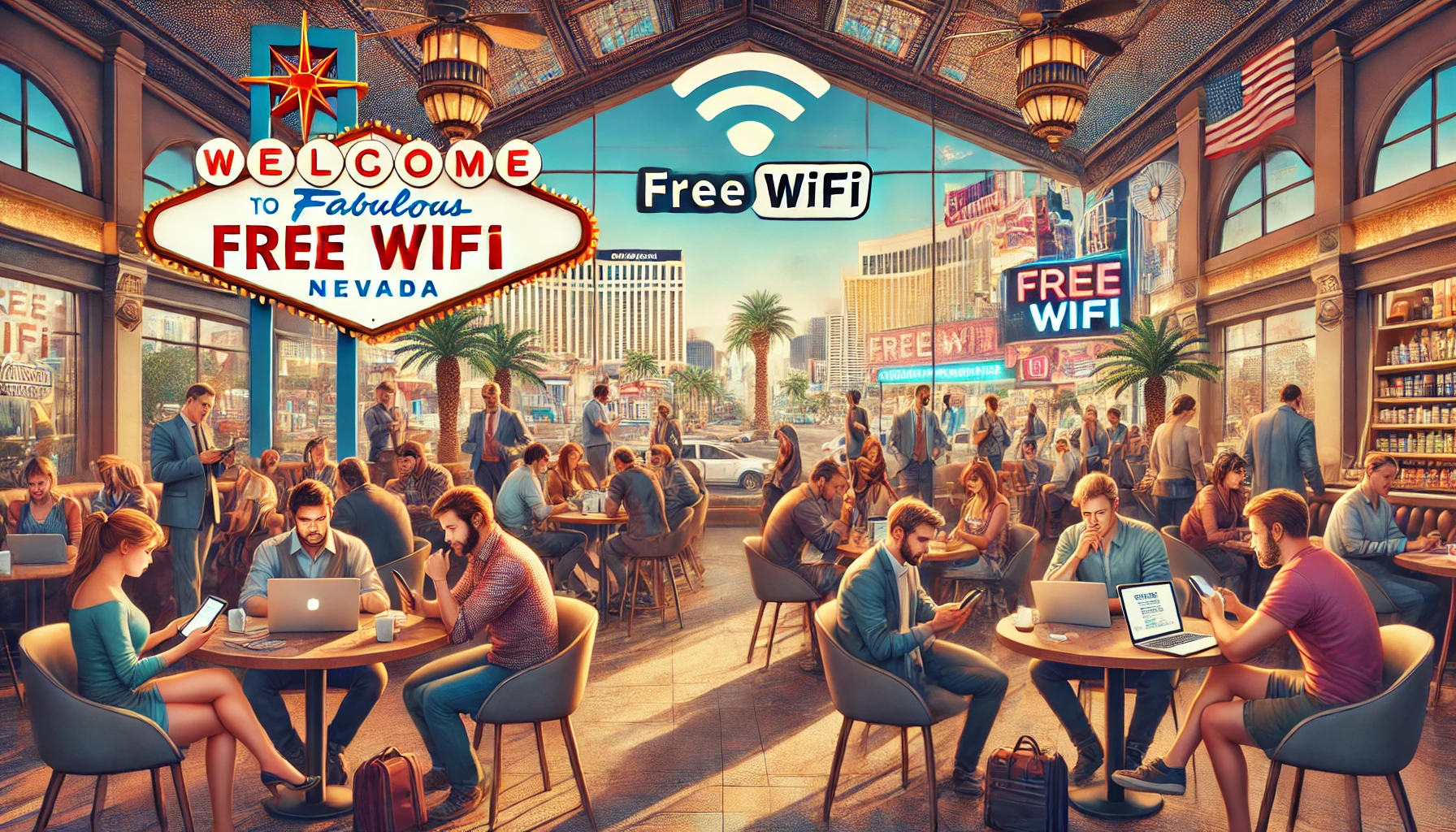 A busy Las Vegas cafe with people using laptops and smartphones, enjoying free WiFi