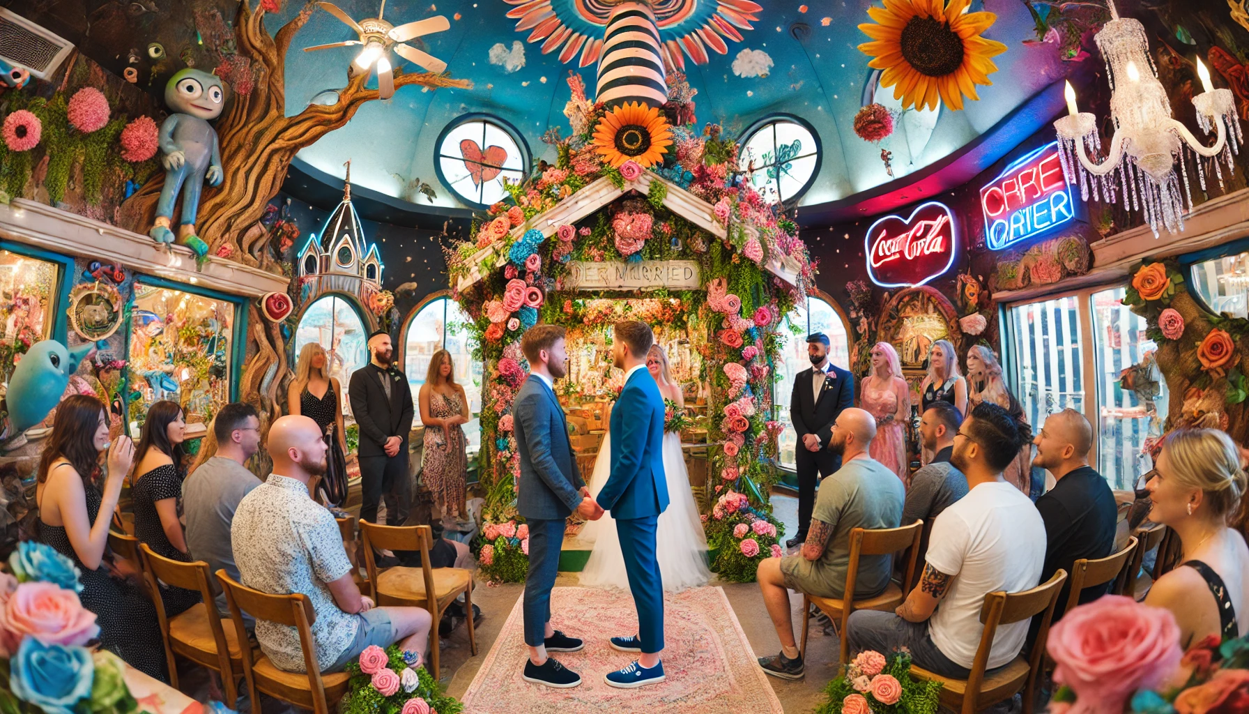A couple getting married at a whimsical wedding chapel in Las Vegas
