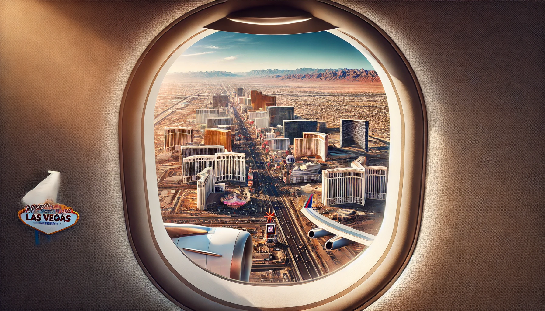 A panoramic view of Las Vegas from an airplane window