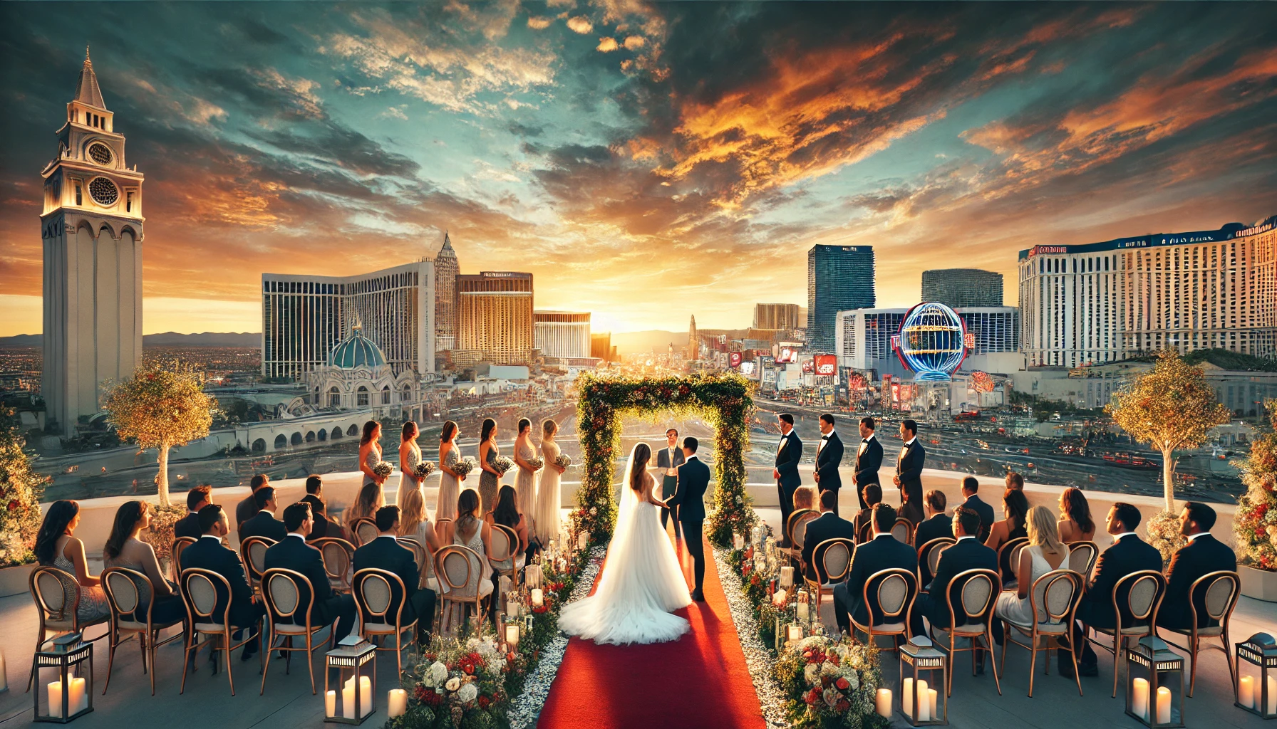 A romantic wedding ceremony in Las Vegas with a backdrop of the Las Vegas Strip