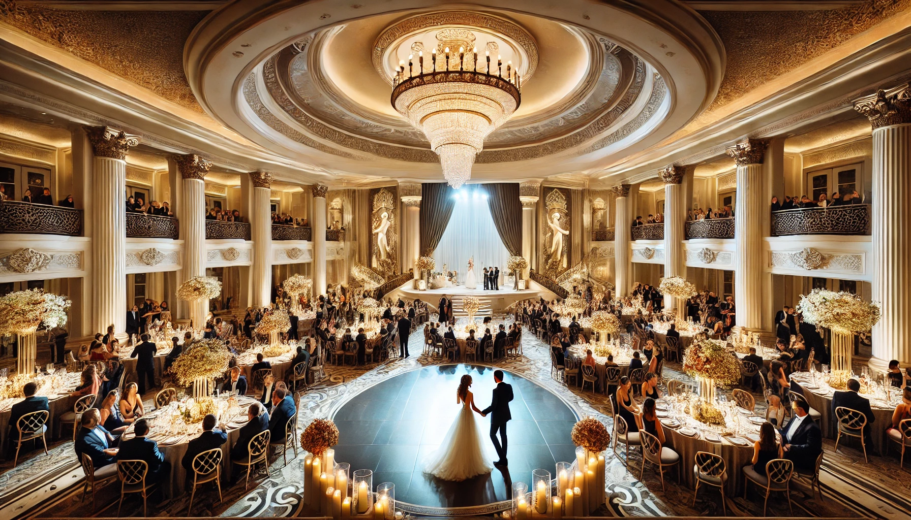 An elegant wedding reception in a luxurious Las Vegas hotel ballroom