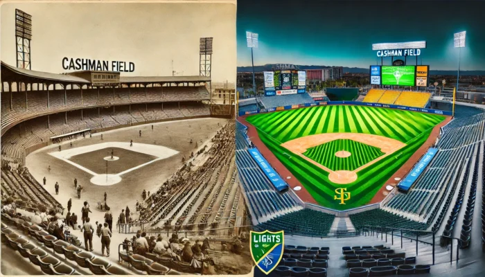 alt= "old and new Cashman Field, Las Vegas"
