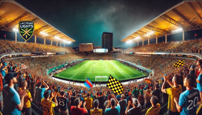 alt= "A packed stadium, Light FC soccer game, Las Vegas"