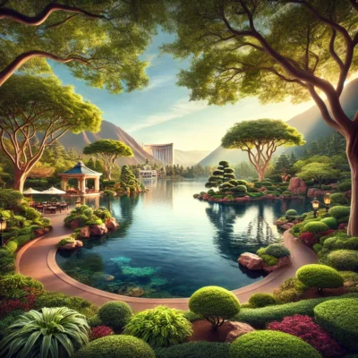 alt= "Wynn Gardens and Lake of Dreams at Wynn Las Vegas"