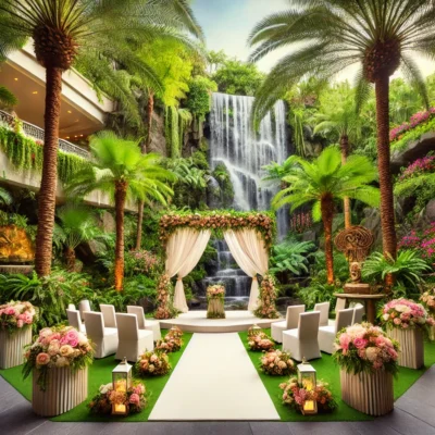 alt= "Outdoor ceremony at The Flamingo Wedding Chapel"
