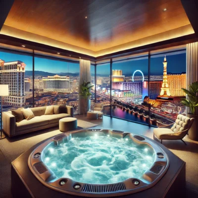 alt= "Las Vegas hotel suites with jacuzzi overlooking the Strip"