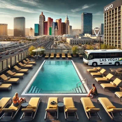 alt= "Rooftop pool at Las Vegas hotels with free shuttle to strip and downtown"