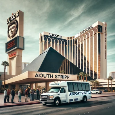 alt= "Las Vegas shuttle bus at a South Strip hotel"