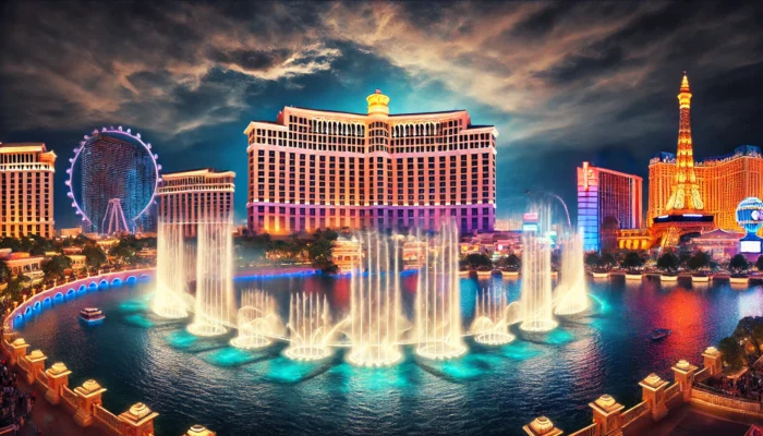 alt= "Bellagio fountains, one of the best places to visit in las Vegas at night"