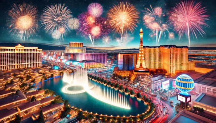 alt= "Fireworks over the Bellagio Fountains, Las Vegas"