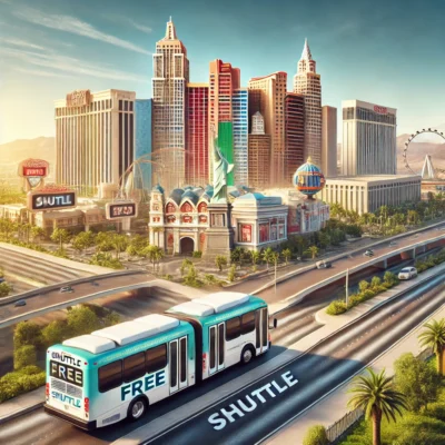 alt= "Shuttle bus on the move between hotels in Las Vegas"