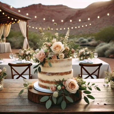 alt= "Wedding cake for an outdoor Las Vegas wedding"