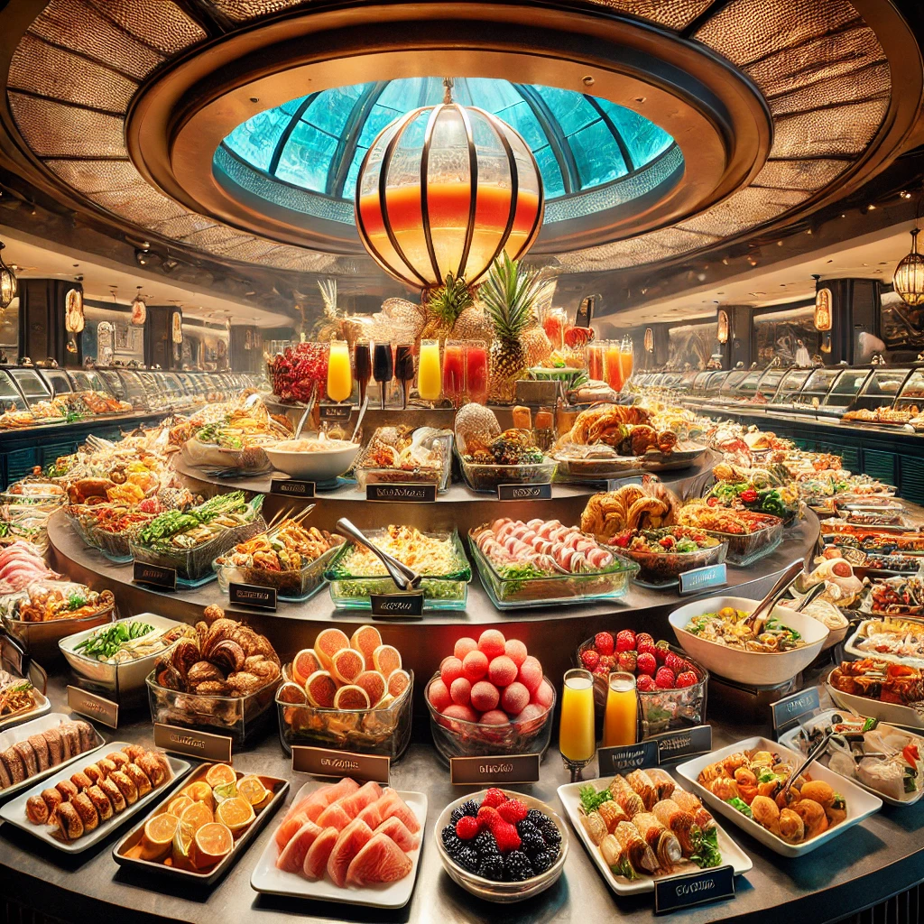 Various food stations at the Buffet at Bellagio