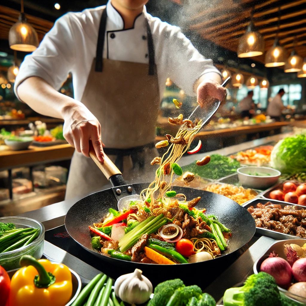 A chef preparing a dish at one of the live cooking stations at Cravings Buffet