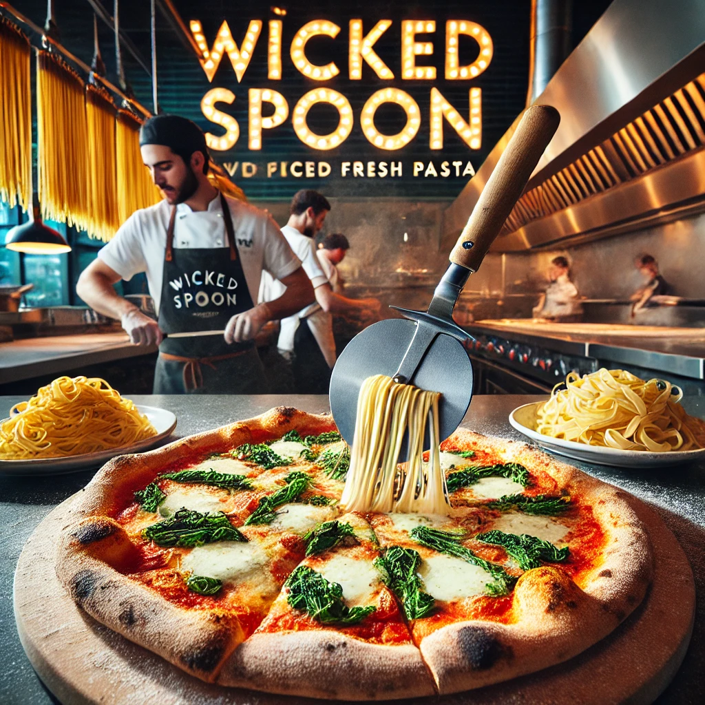 Wood-fired pizza being sliced at Wicked Spoon