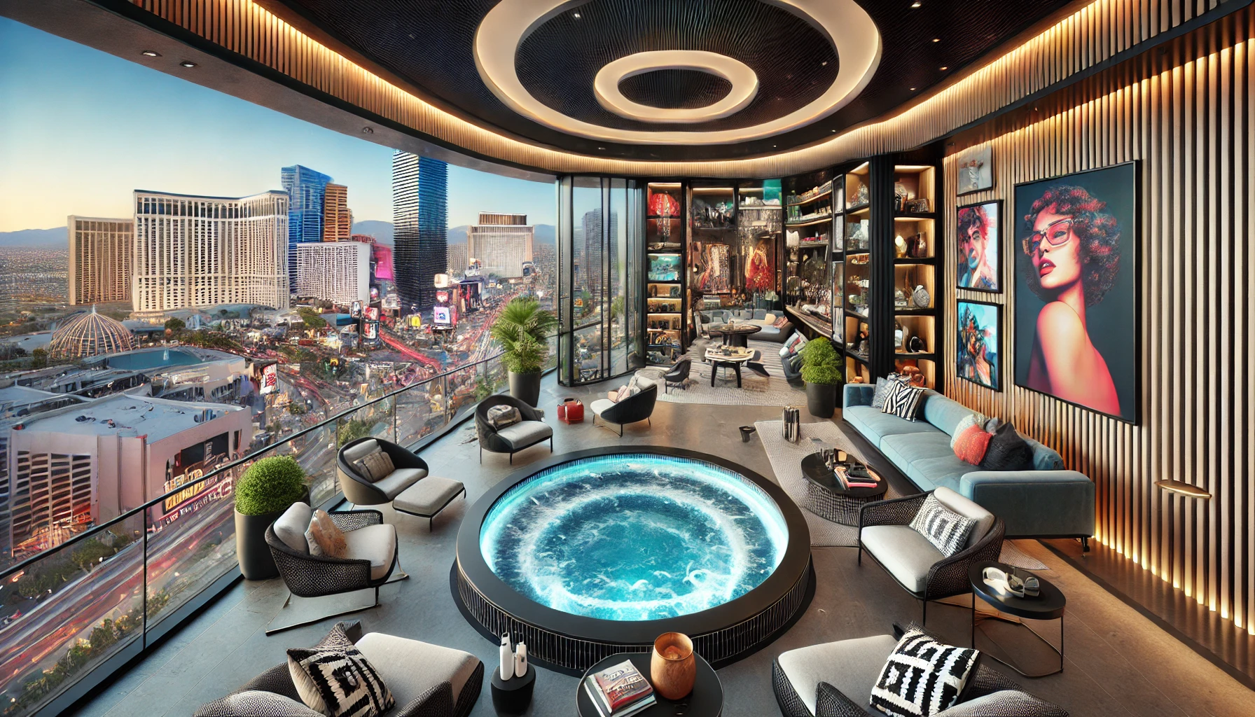 The Boulevard Penthouse at The Cosmopolitan, featuring urban chic design with a large outdoor Jacuzzi, wraparound terraces, modern furnishings, vibran