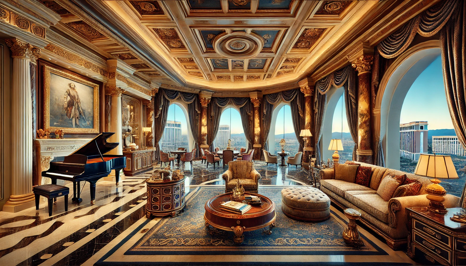 The Chairman Suite at The Venetian, featuring Venetian-inspired luxury with rich fabrics, marble floors, a grand piano, a private gym, and a massage p