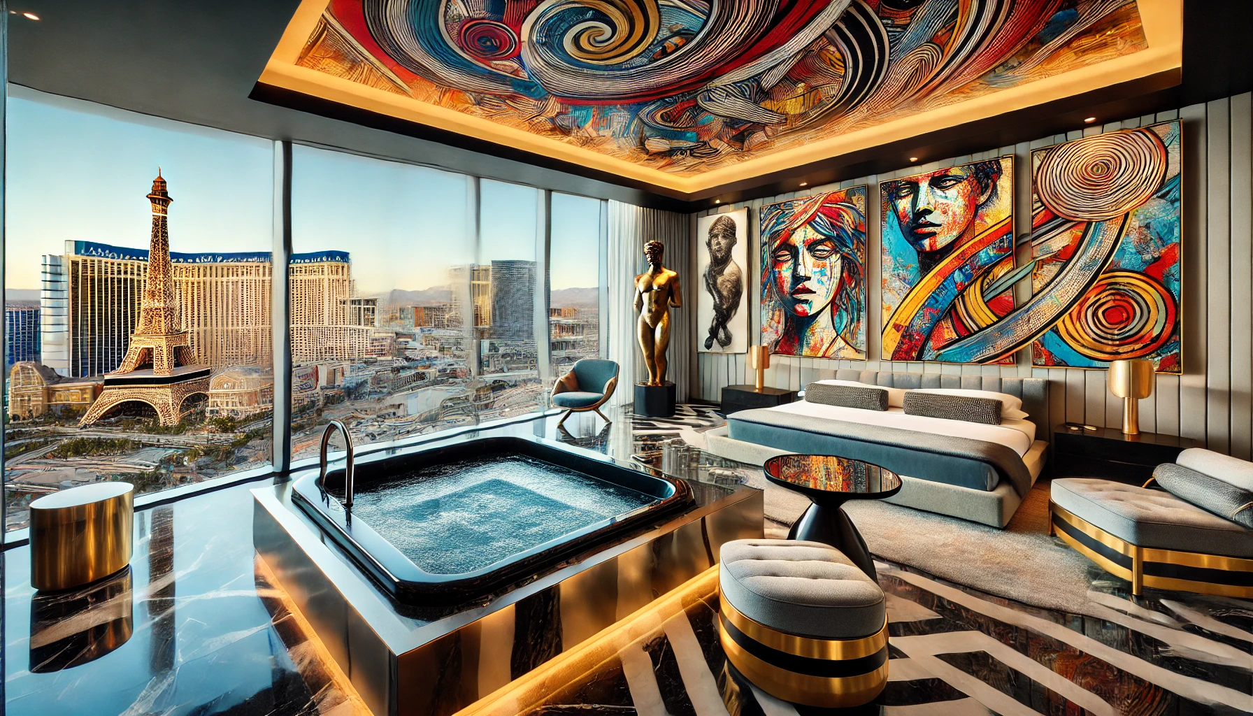 The Empathy Suite at The Palms Casino Resort, showcasing artistic luxury with floor-to-ceiling windows, vibrant artwork including sculptures, sleek mo