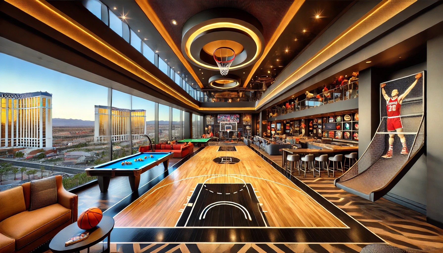 The Hardwood Suite at The Palms Casino Resort, featuring an indoor basketball court, modern sleek furnishings, a spacious two-story layout, luxury gam
