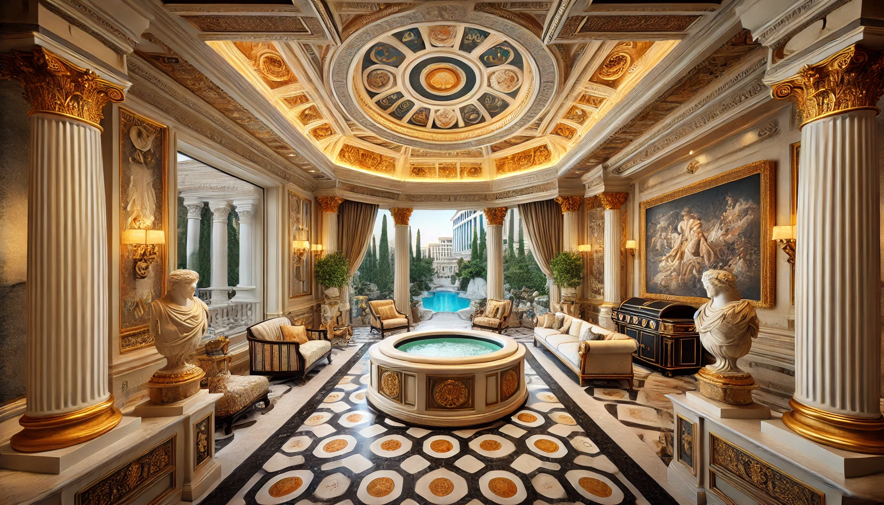 The Marcus Aurelius Villa at Caesars Palace, featuring Roman-inspired luxury with fine marble floors, gold accents, hand-painted ceilings, an outdoor
