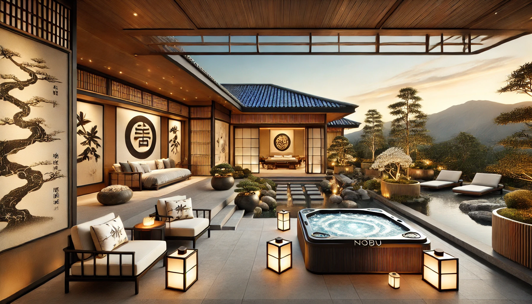 The Nobu Villa at Nobu Hotel at Caesars Palace, featuring Japanese-inspired luxury with an expansive rooftop terrace, tranquil Zen garden, minimalist