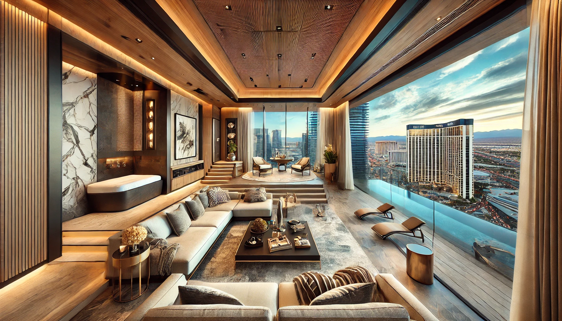 The Penthouse Suite at ARIA Sky Villas, featuring modern, sleek decor with a private infinity pool, steam room, multiple private terraces, and floor-t