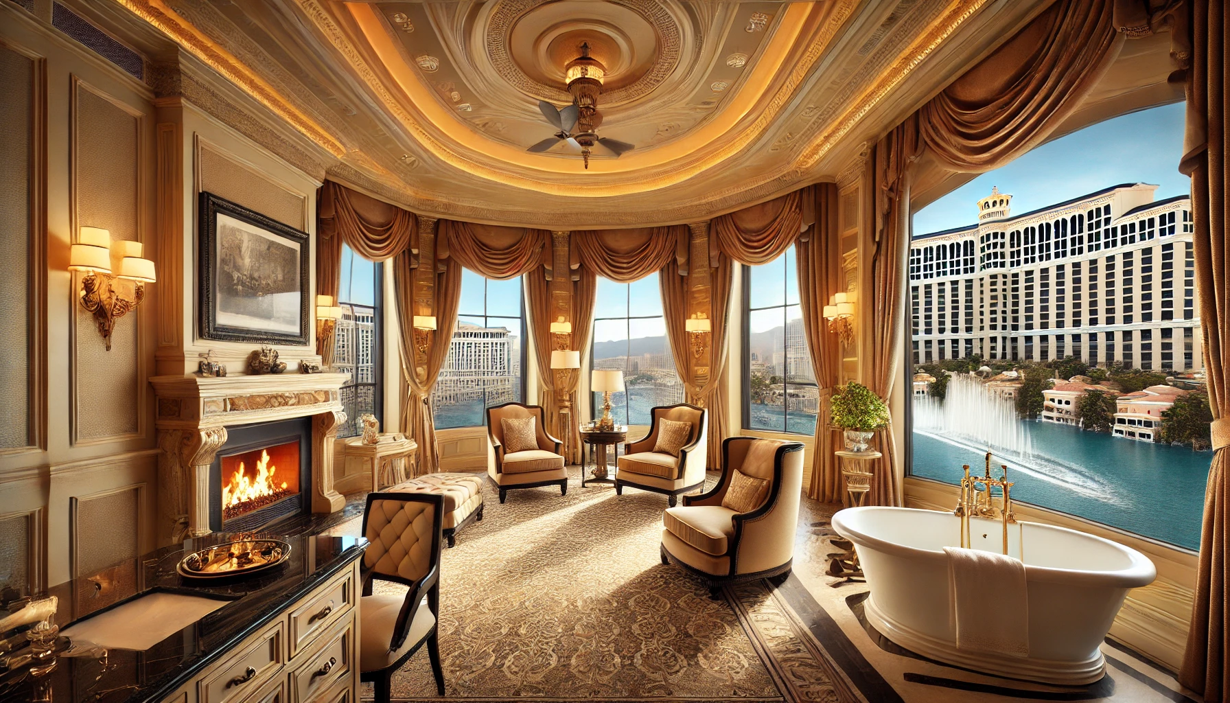 The Presidential Suite at The Bellagio, featuring opulent, classic decor with a fireplace, solarium with natural light, his and her bathrooms, and a v