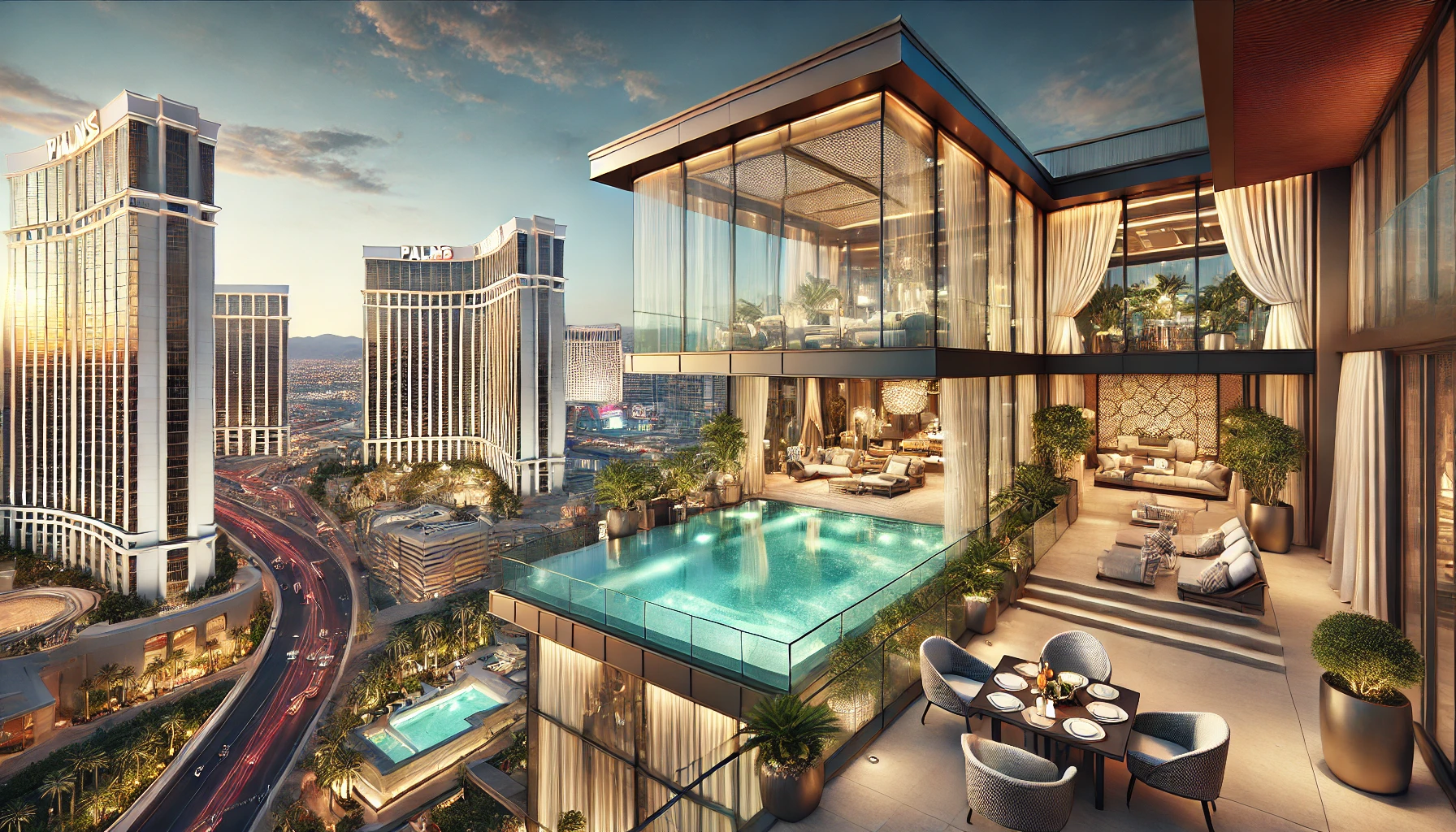 The Sky Villa at The Palms Casino Resort, featuring a luxurious glass-enclosed pool with panoramic views of the Las Vegas Strip, a large private terra