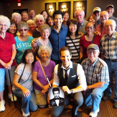 alt= "locals with a magician at Excalibur Hotel"