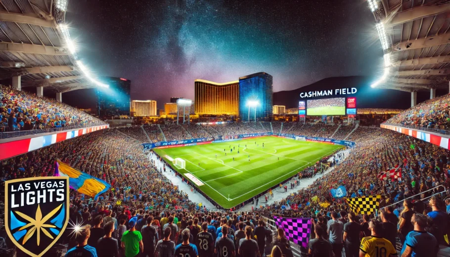 A night shot of Cashman Field illuminated during a Las Vegas Lights FC game - Las Vegas Lights FC Soccer Games