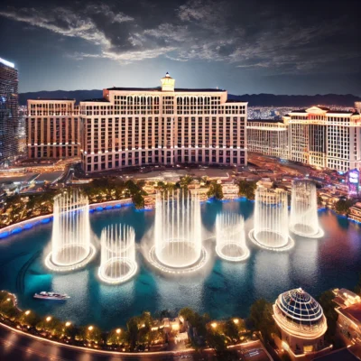 alt= "Bellagio Fountains near Four Seasons Hotel"