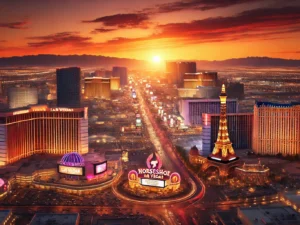 A sunset view of the Las Vegas Strip with the Horseshoe Las Vegas prominently featured - World Series of Poker (WSOP)