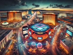 Las Vegas Strip at night with iconic venues like the MGM Grand and T Mobile Arena prominently lit up - Boxing Matches