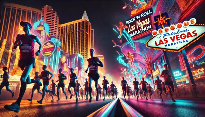 alt= "Running the strip at night, Rock 'n' Roll Vegas Marathon"