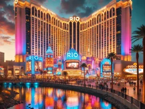 The Rio All Suite Hotel Casino at dusk with its colorful lights reflecting in nearby water - Miranda Lambert