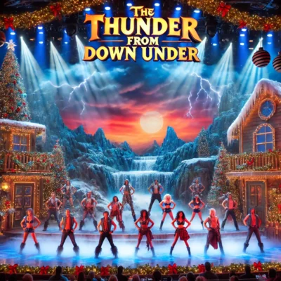 alt= "Thunder Fron Down Under festive show, Excalibur Hotel Las Vegas"