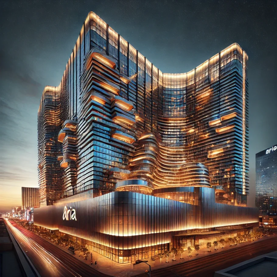 ARIA Resort Casino exterior during dusk or night - The Buffet at Aria