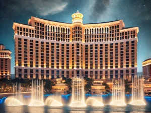 Bellagio hotel at night, with its iconic fountains illuminated