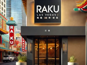 Raku in Las Vegas' Chinatown, highlighting its minimalist signage and entrance.