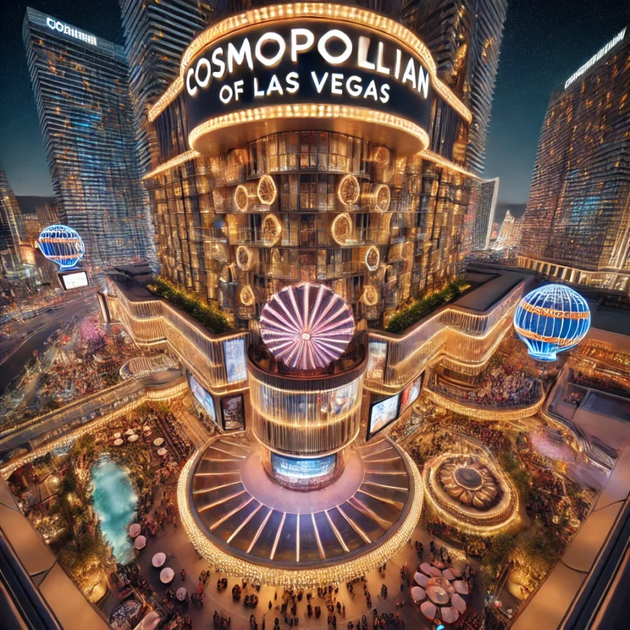 The Cosmopolitan of Las Vegas at night with its vibrant lights and the iconic marquee sign - Overlook Grill