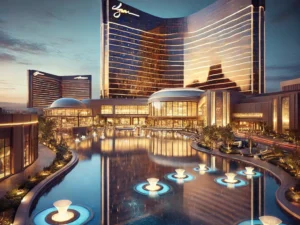 Wynn Las Vegas at dusk with the hotels illuminated facade reflecting beautifully in the nearby water features - Cipriani