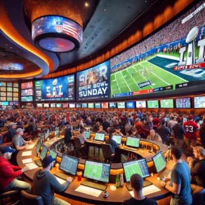 alt= "Sportsbook during Super Bowl Sunday in Las Vegas"