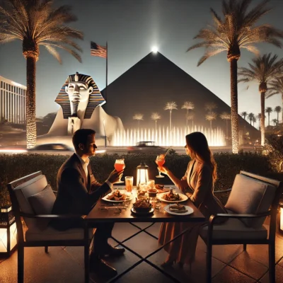alt= "Outdoor dining near Luxor Hotel pool"