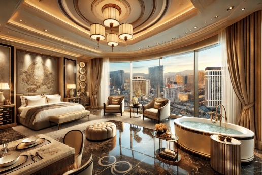 Featured Image Front - A luxurious hotel suite in Las Vegas, showcasing opulence with floor-to-ceiling windows offering a panoramic view of the city skyline, elegant decor w