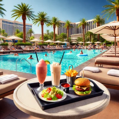 alt= "Poolside dining at Luxor Hotel Pool"