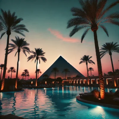 alt= "Sunset over Luxor Hotel pool"