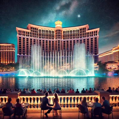alt= "Bellagio Fountains near the Tropicana Las Vegas"
